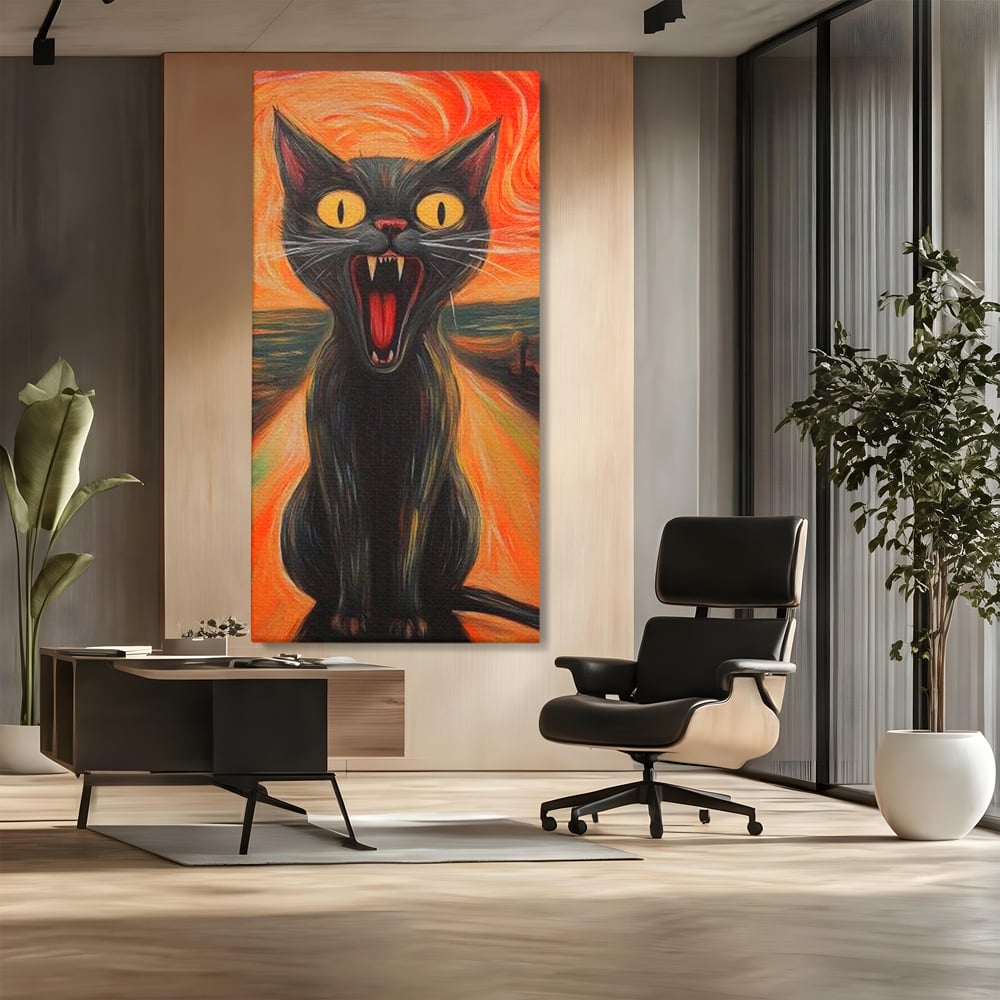 Tablou canvas cu tablou canvas cu pisica neagra care urla, fara rama, pe sasiu de lemn, pe perete intr-un birou